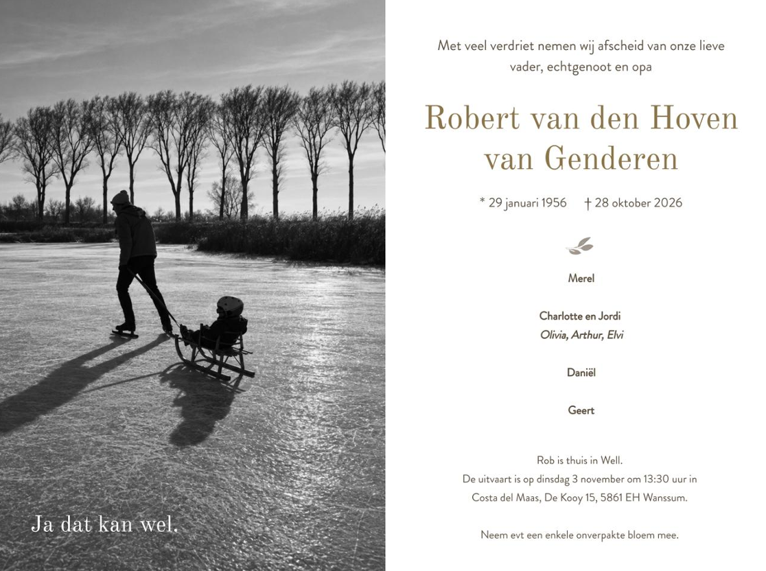 Rouwkaart van Robert van den Hoven van Genderen, 29 januari 1956 - 28 oktober 2026